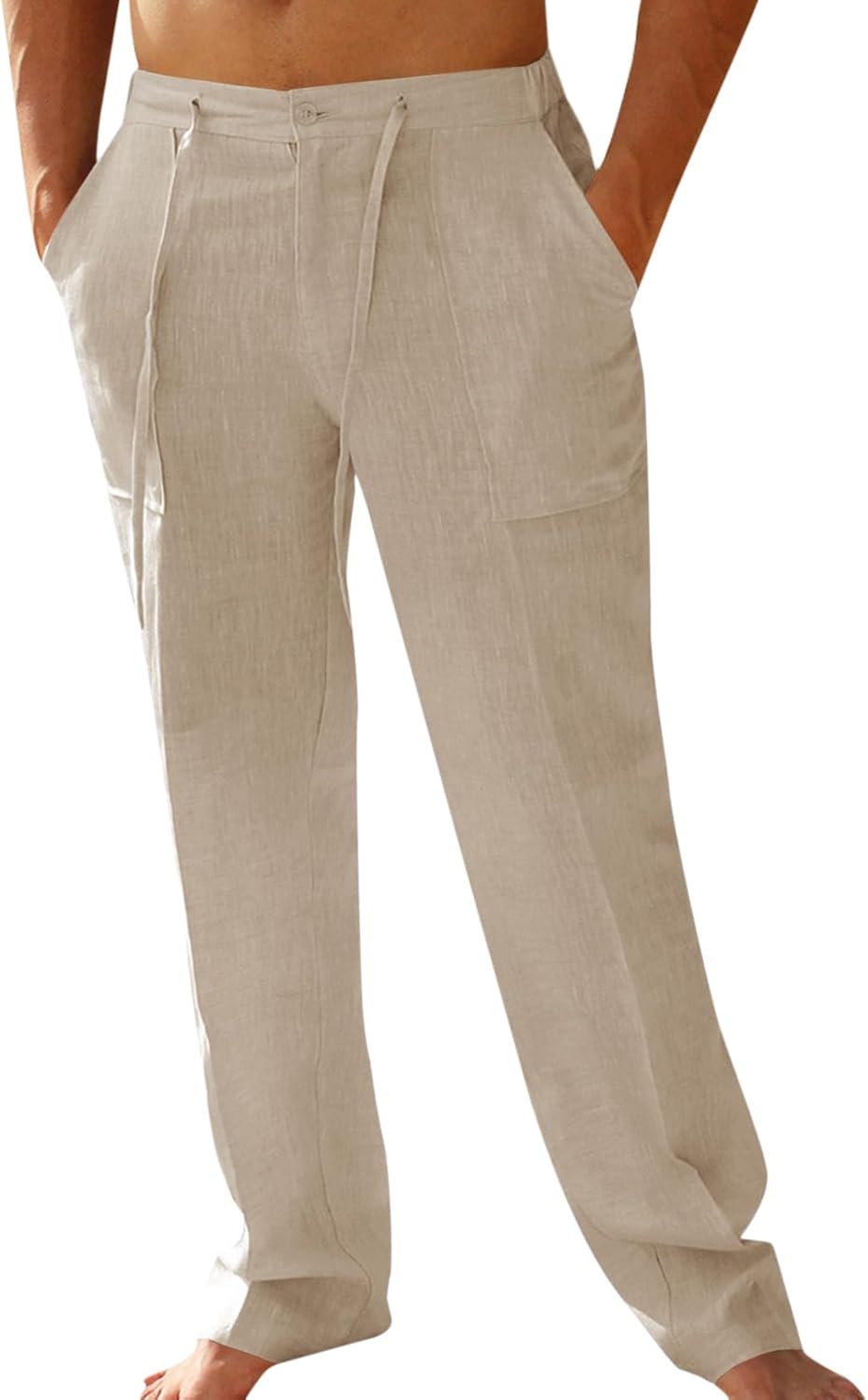 PASLTER Mens Casual Linen Pants Loose Fit Elastic Drawstring Waist Straight-Legs Summer Yoga Beach Long Pants