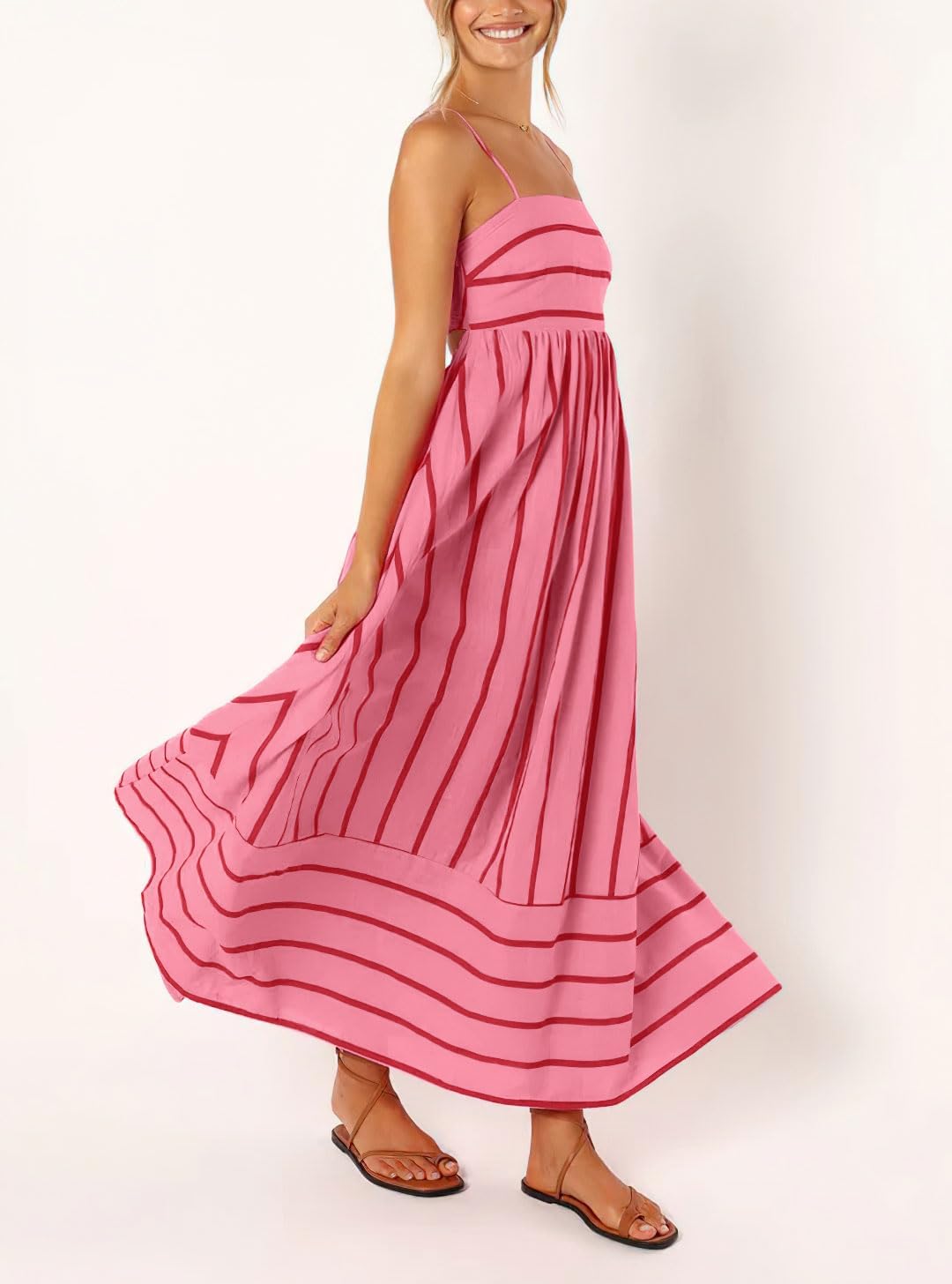 chouyatou Women's Striped Back Smocked Maxi Dress Sexy Spaghetti Strap Cut Out Flowy Swing Long Dress - Image 4