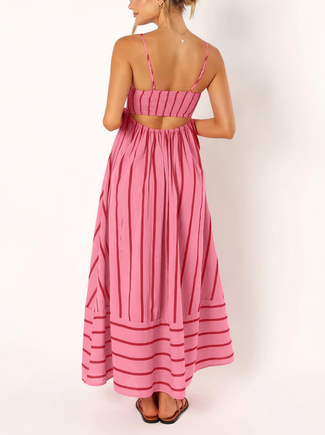 chouyatou Women's Striped Back Smocked Maxi Dress Sexy Spaghetti Strap Cut Out Flowy Swing Long Dress - Image 2