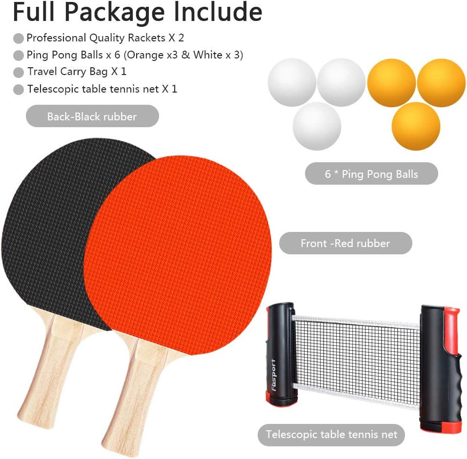 FBSPORT Ping Pong Paddle Set, Portable Table Tennis Set with Retractable Net,Rackets,Balls and Carry Bag for Indoor/Outdoor Games - Image 6