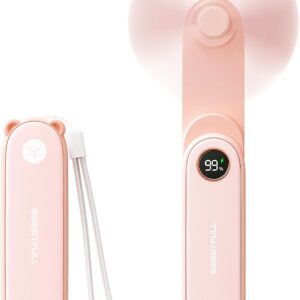 SWEETFULL Portable Handheld Mini Fan with LED Display, 3-in-1 Personal Foldable USB Rechargeable Hand Held Fan & Flashlight for Travel, Lash Eyelash, Cute Small Pocket for Women, Girls