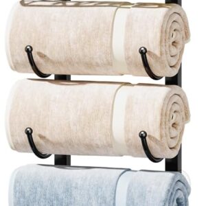 HapiRm Towel Racks for Bathroom Storage – 6 Tier Over The Door & Wall Mount Rolled Towel Storage Organizer Holder with Metal Shelf Basket for Small Bathroom, Camper, Rv – Black, Patented