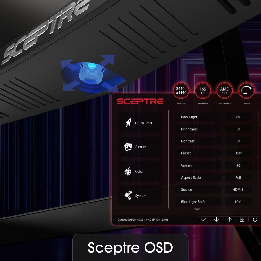 Sceptre 34-Inch Curved Ultrawide WQHD Monitor (3440 × 1440), R1500, up to 180Hz/165Hz, DisplayPort x2, 99% sRGB, 1ms, Built-in Speakers, Machine Black, 2025 (C345B-QUT168) - Image 3