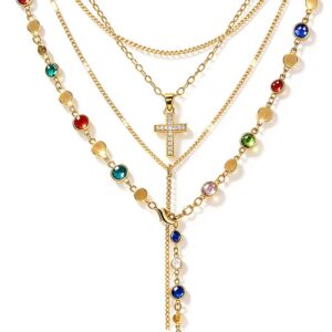 FAXHION 5PCS 14k Gold Plated Cross Necklaces for Women, Pendant Stacked Layered Diamond Y Long Boho Jewelry Sets Adjustable Accessories Trendy Gifts for Women