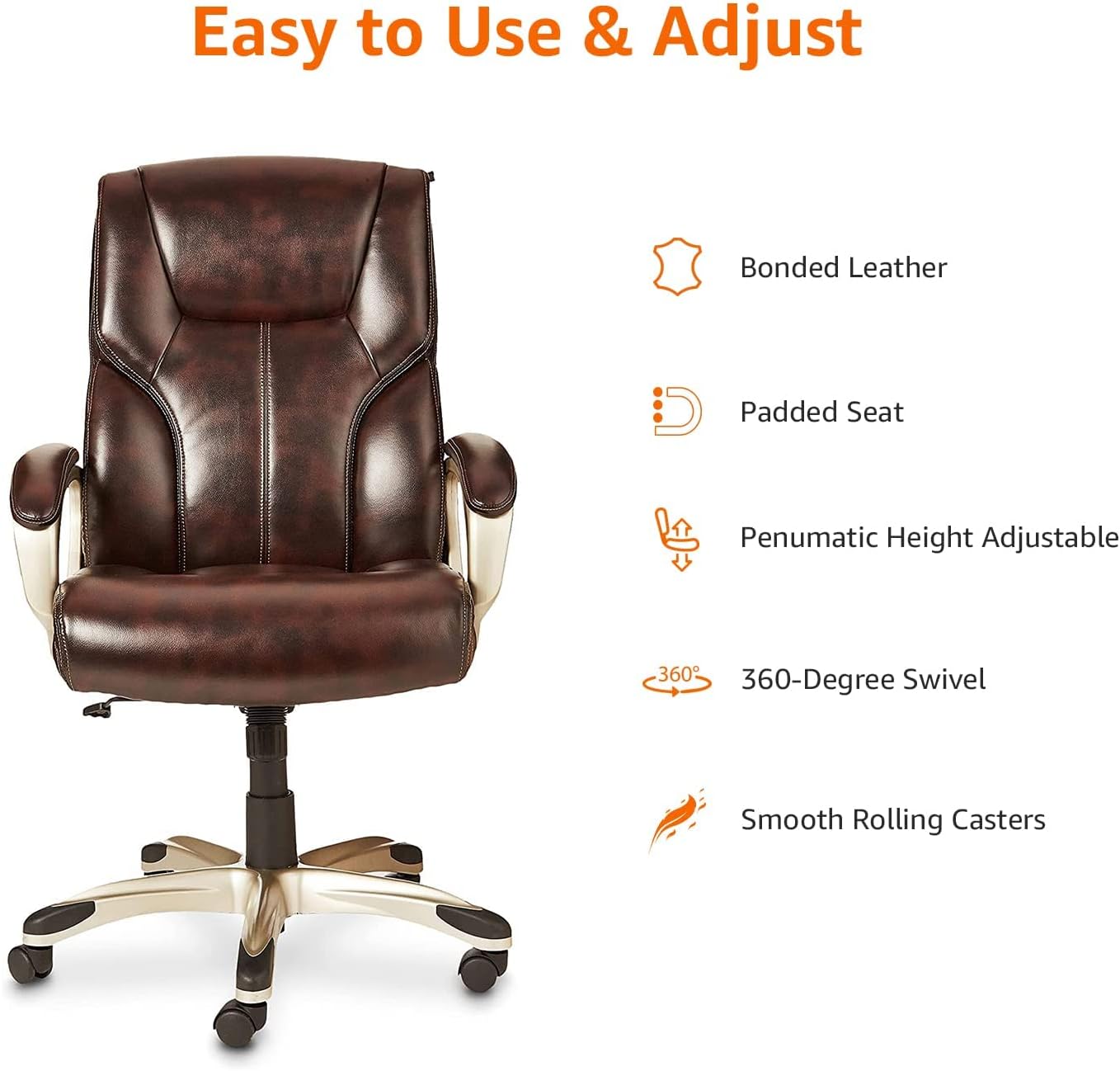 Amazon Basics Executive High Back Office Chair, Adjustable Height, Tilt, Swivel, Padded Armrests, Brown/Gold - Image 3
