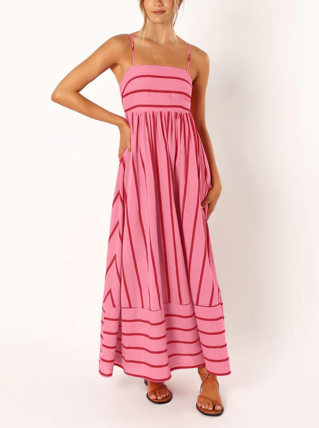 chouyatou Women's Striped Back Smocked Maxi Dress Sexy Spaghetti Strap Cut Out Flowy Swing Long Dress - Image 3