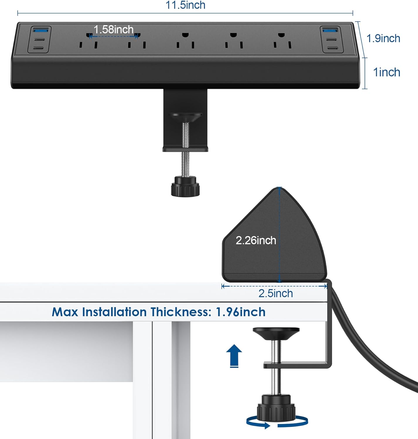 Jgstkcity Desk Clamp Power Strip USB C,40W Total Fast Charging Station,4 PD 20W USB C Ports,Desk Edge Mount Surge Protector,5 Outlets,Fit 1.96" Tabletop Edge,ETL Listed - Image 7