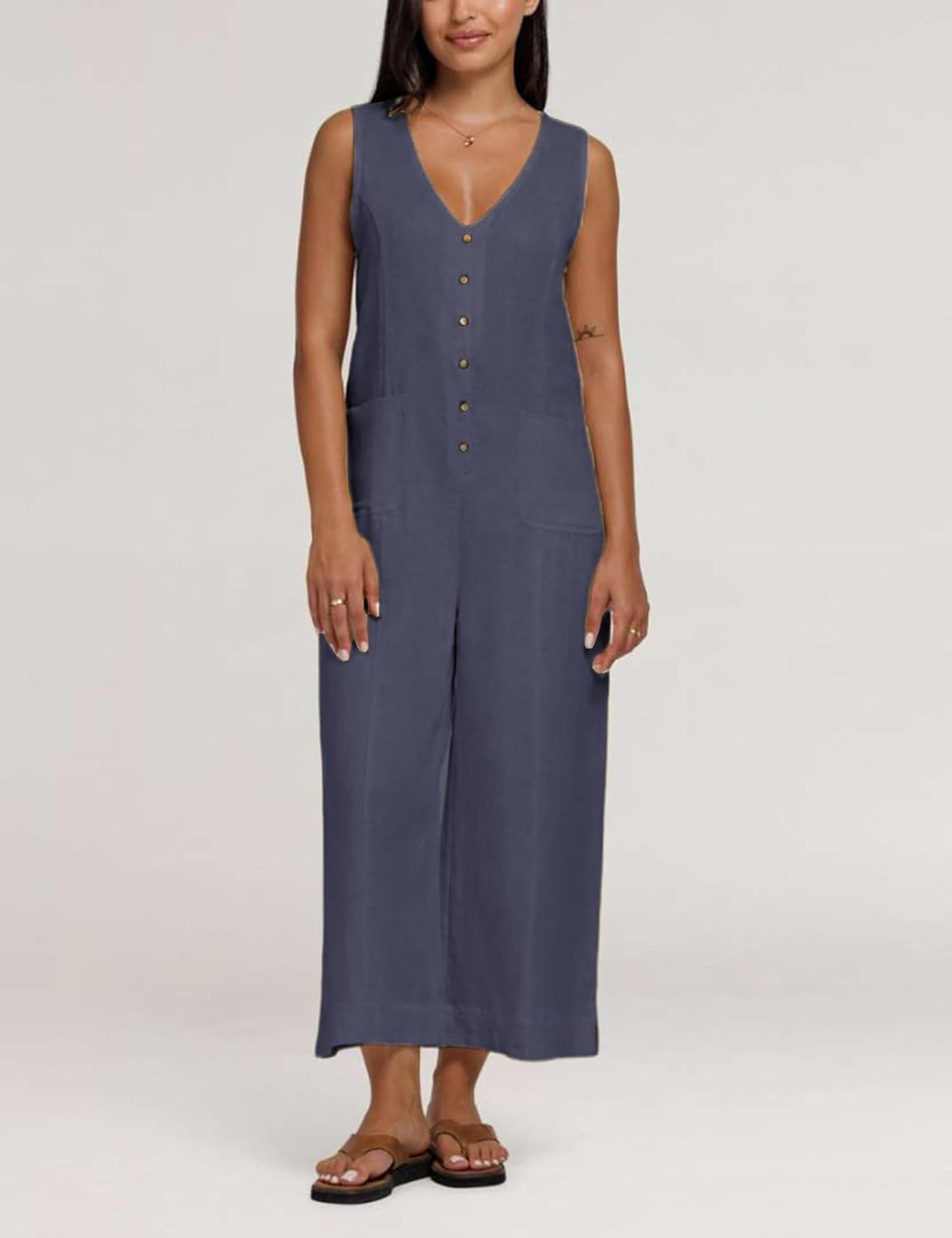 Yeokou Women Button Down Jumpsuits Cotton Linen Sleeveless Casual Wide Legs Rompers Loose Overall with Pockets - Image 4