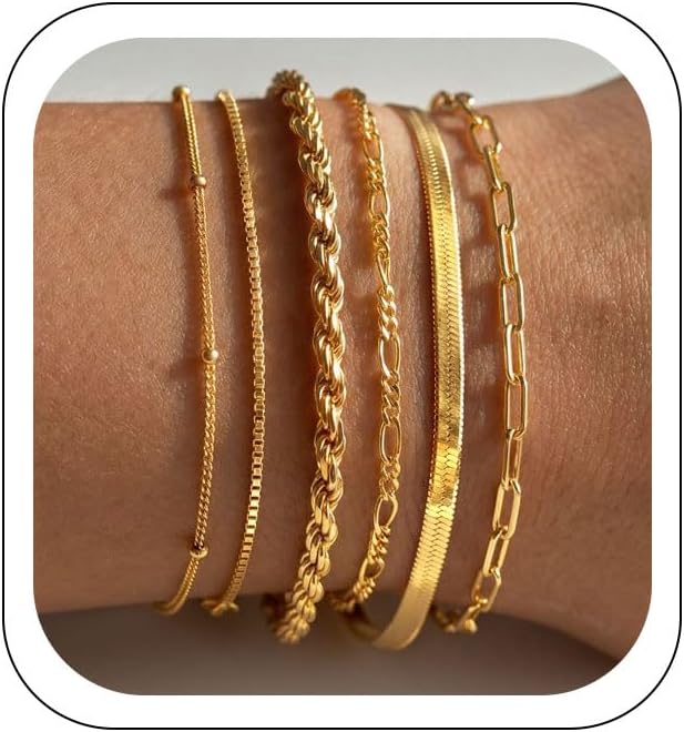Mothers Day Gifts for Mom Gold Bracelets for Women Waterproof, 14K Gold Plated Jewelry Sets Trendy Thin Dainty Stackable Cuban Link Paperclip Chain Bracelet Pack Fashion Accessories Gifts for Womens - Image 9