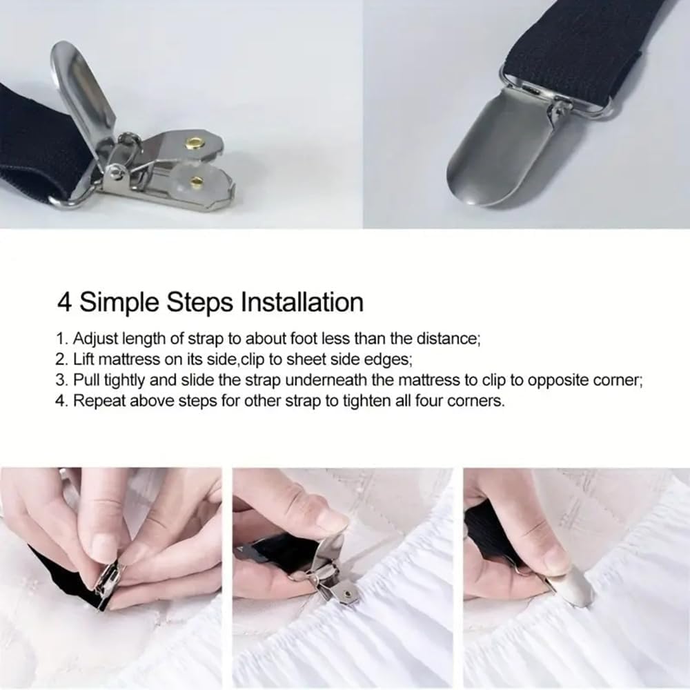 4 Pcs Bed Fitted Sheet Fasteners, Adjustable Mattress Cover Straps with Metal Clips, Elastic Bed Corner Holders, Non Slip Sheet Clips (White) - Image 3