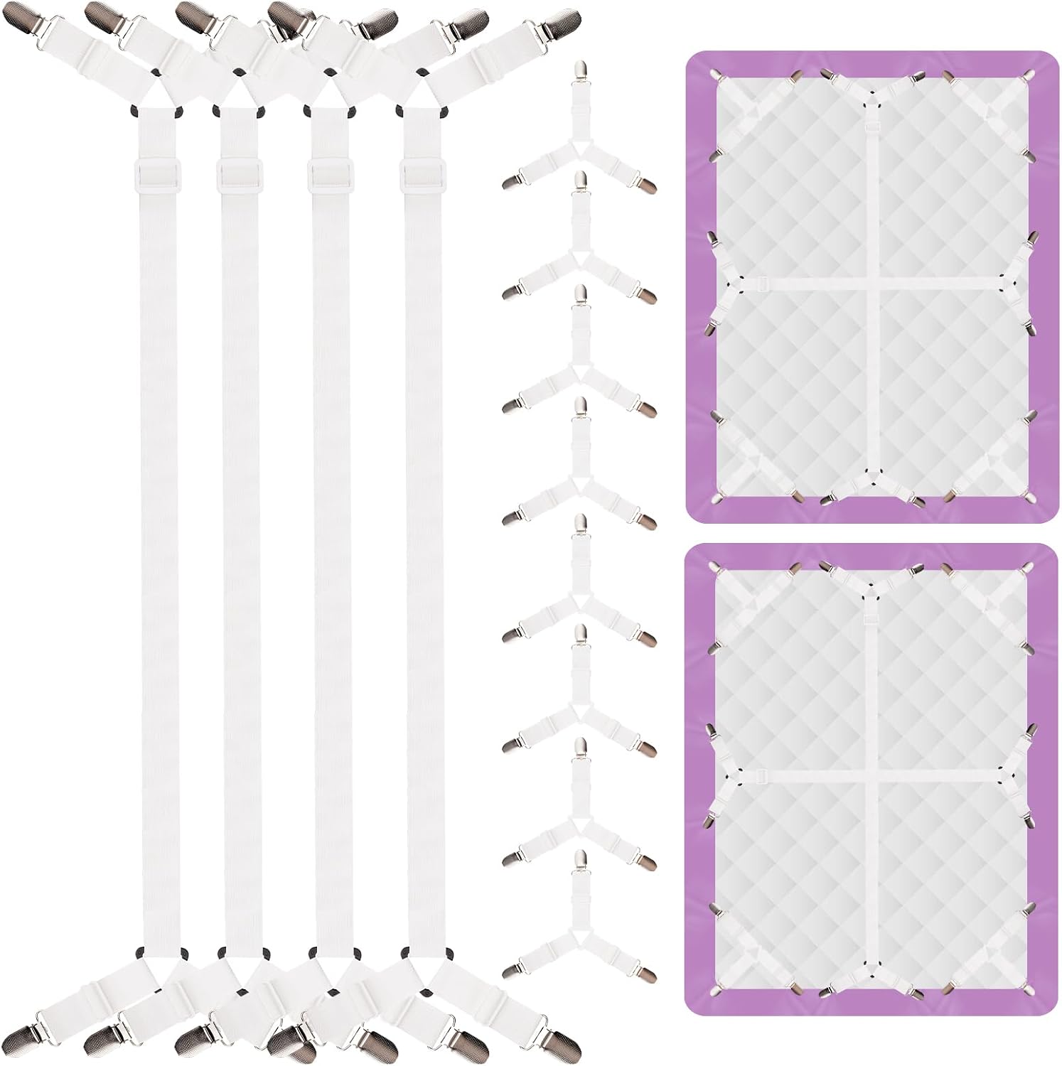 EasYoung 12PCS Bed Sheet Straps, Secure & Adjustable Fitted Sheet Holders for Full, Queen, King & More, Heavy Duty Nylon & Metal Clips