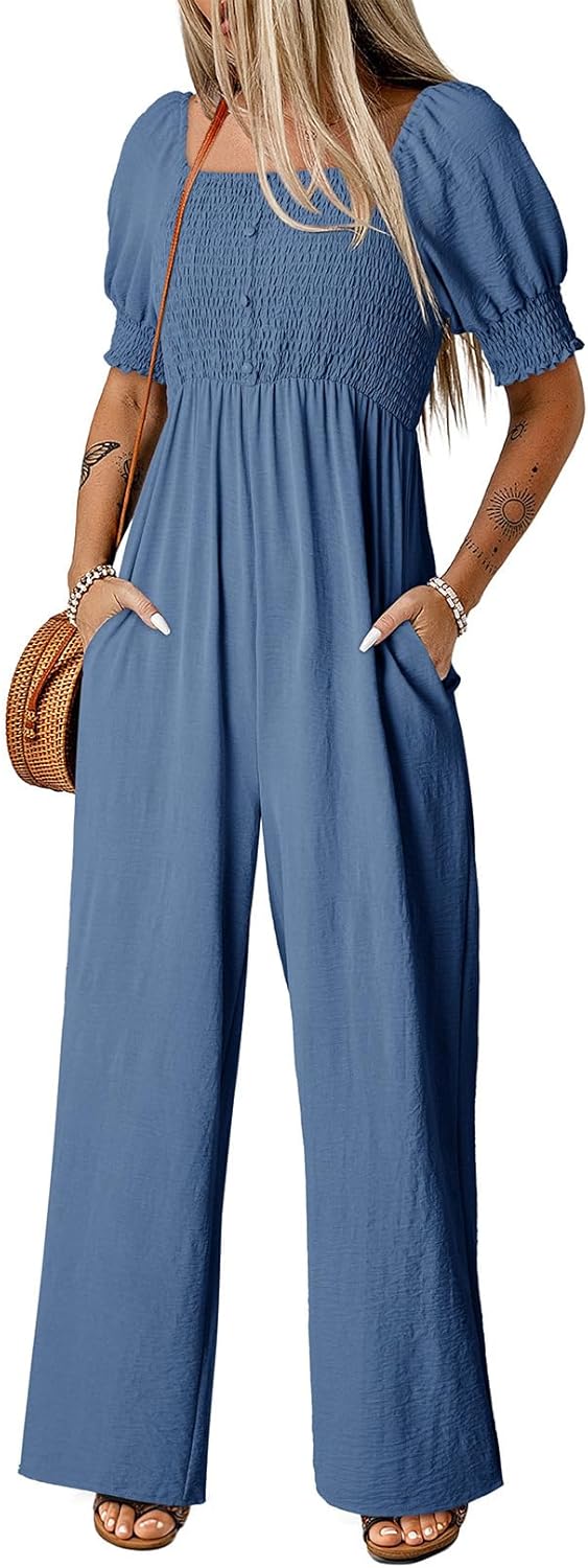 Dokotoo Jumpsuits for Women 2026 Summer Lantern Sleeves Rompers Wide Leg Casual Overalls with Pockets