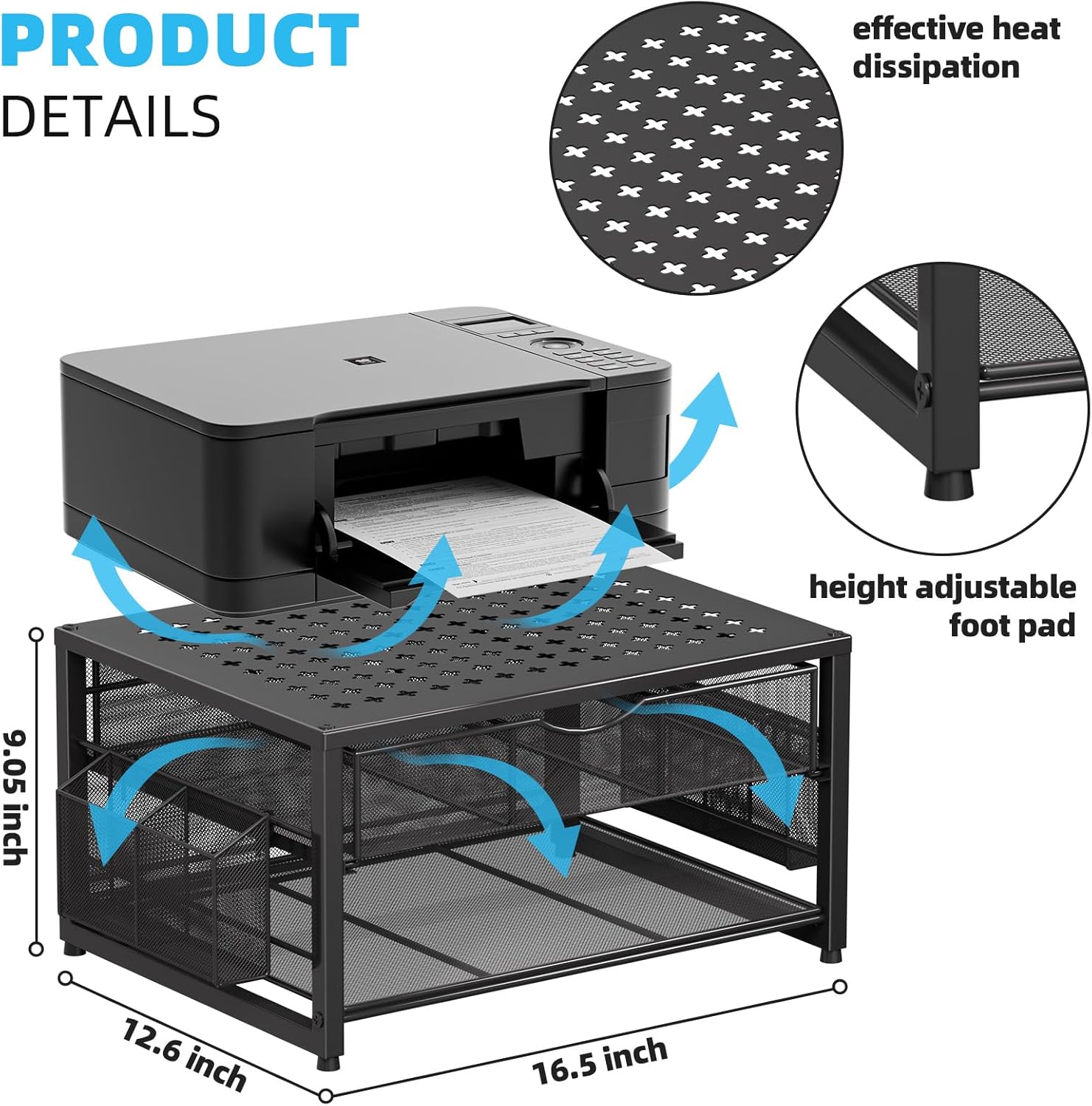 Marbrasse Metal Printer Stand for Desk with Storage Drawer and 2 Pen Holders, 2-Tier Desktop Organizer Printer Table for Home Office, Multi-Purpose Desk Organizer for Fax Machine Scanner Files(Black) - Image 5