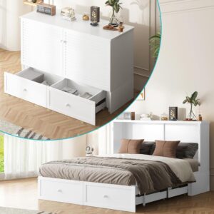 ijuicy Queen Size Murphy Bed with Foldable Foam Mattress, Cube Cabinet Bed with Multifunctional Charging Station & Extra Large Storage Drawers, Space-Saving Hideaway Bed for Guests-White