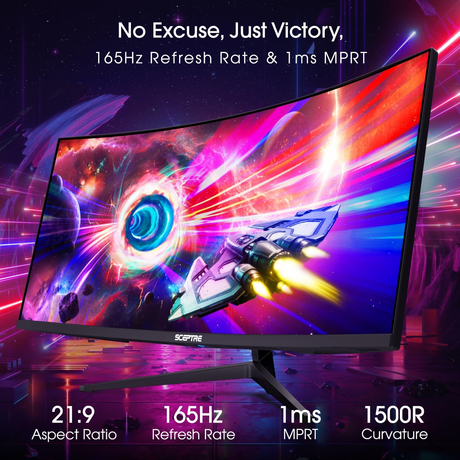 Sceptre 34-Inch Curved Ultrawide WQHD Monitor (3440 × 1440), R1500, up to 180Hz/165Hz, DisplayPort x2, 99% sRGB, 1ms, Built-in Speakers, Machine Black, 2025 (C345B-QUT168) - Image 4