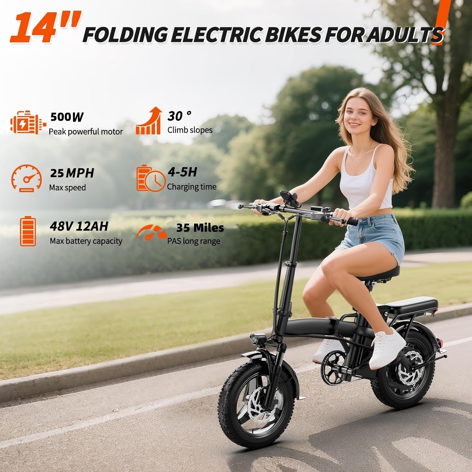 Folding Electric Bike for Adults, 500W Motor 25MPH & 35Miles Long Range, 14” Mini E-Bike with Removable 48V 576Wh Battery, UL Certified Electric Bicycle for Commuting & Teens - Image 4