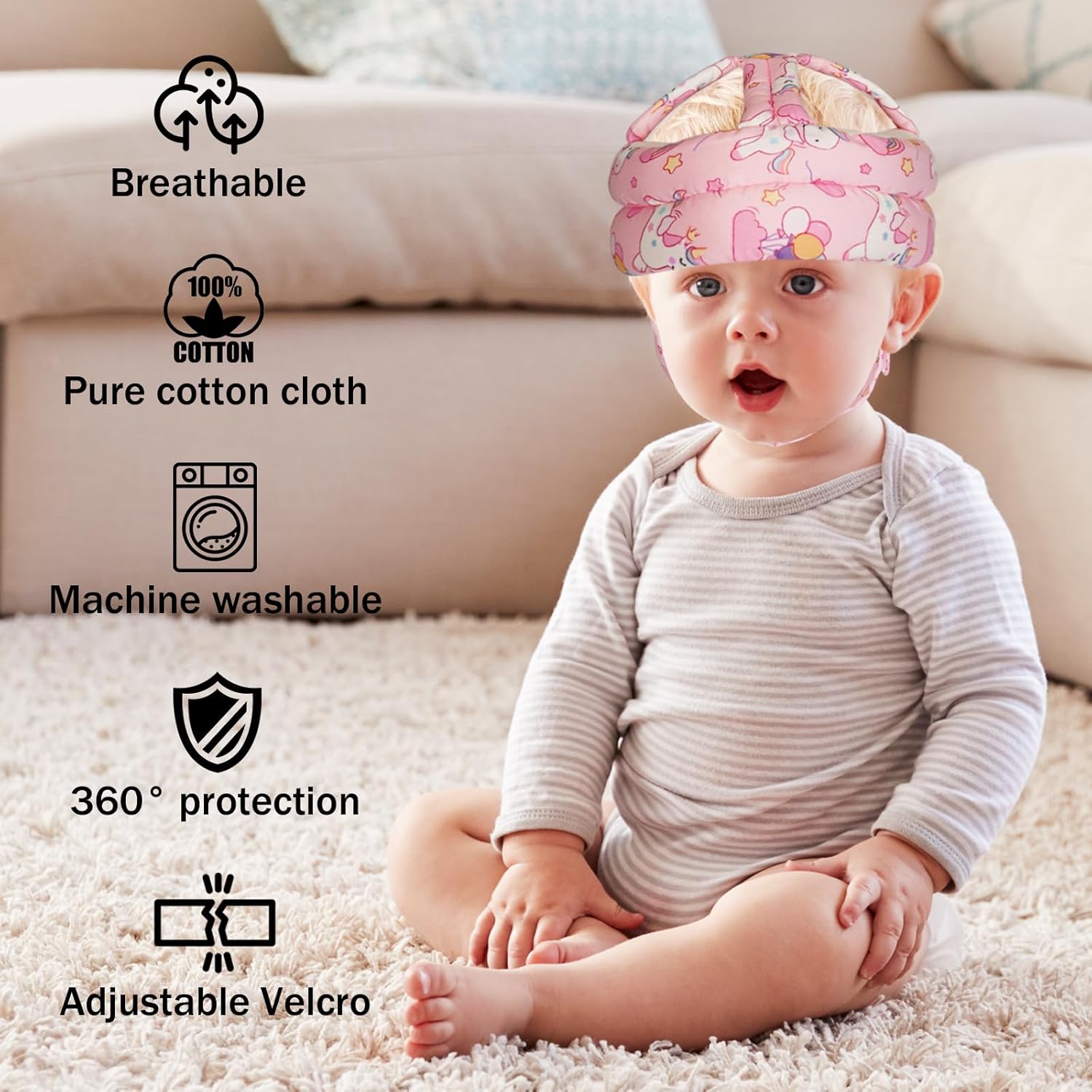 Baby Head Protector Baby Helmet for Crawling Walking, No Bumps Safety Head Adjustable Protective Cap for Walking, Playing (Unicorn) - Image 4