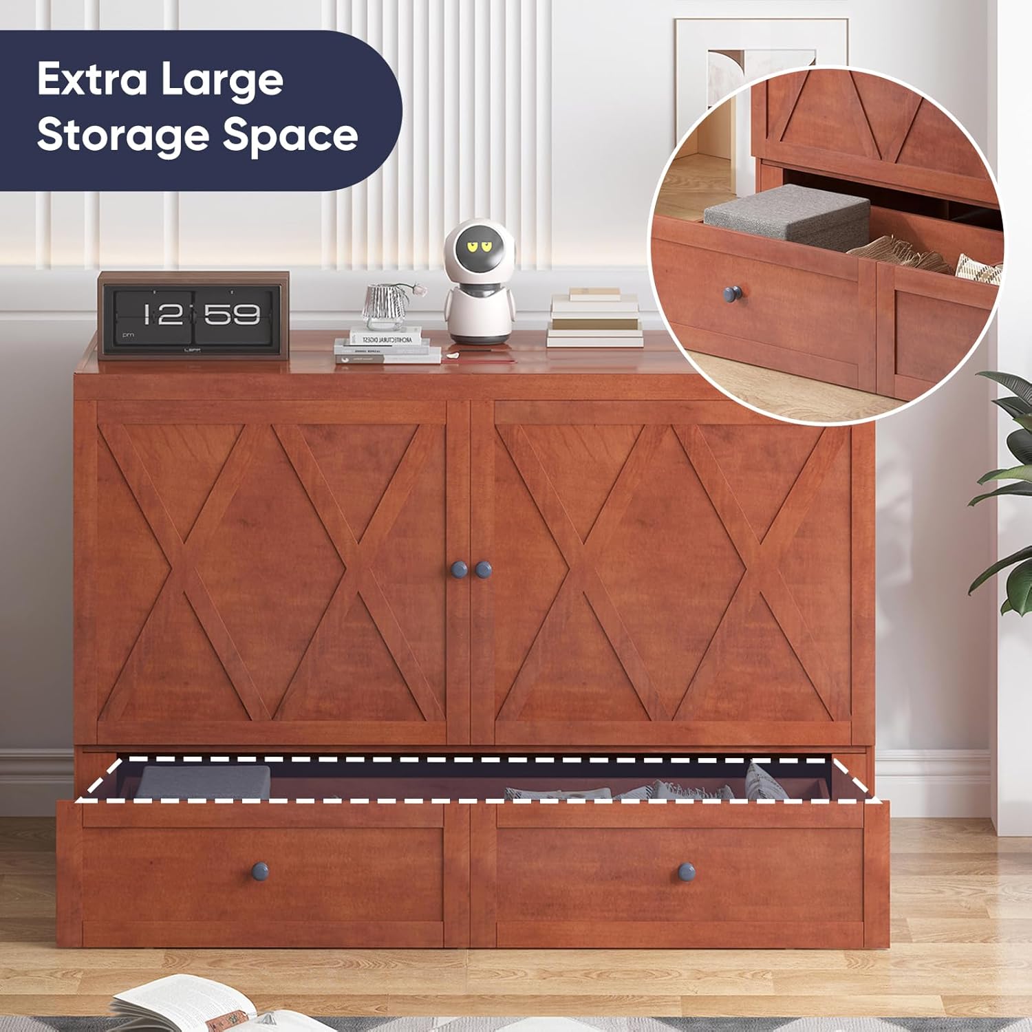 ijuicy Murphy Bed Queen with Mattress, Modern Murphy Cabinet Bed with Storage & Multifunctional Charging Station, Space-Saving Beds for Guest Bedroom, Living Room (Cherry) - Image 5