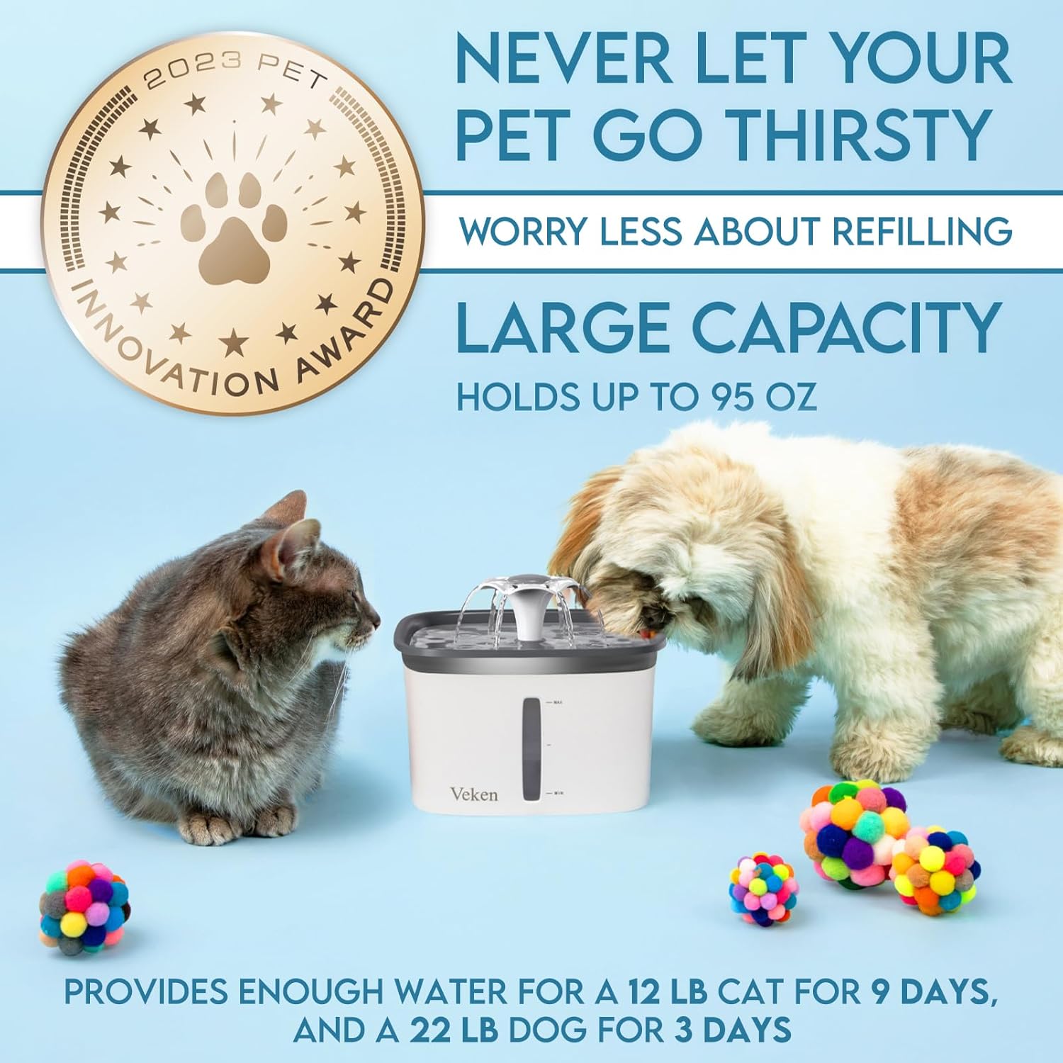 Veken Innovation Award Winner 95oz/2.8L Pet Fountain, Automatic Cat Water Fountain Dog Water Dispenser with Replacement Filters for Cats, Dogs, Multiple Pets (Grey, Plastic) - Image 3