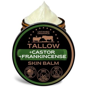 Untamed Organics Handmade Tallow, Castor Oil, and Frankincense Oil Skin Balm – 100% Grass-Fed Tallow for Skin Care – Face & Body Moisturizer for Sensitive Skin, Eczema All-Purpose Balm – 2 FL. oz.
