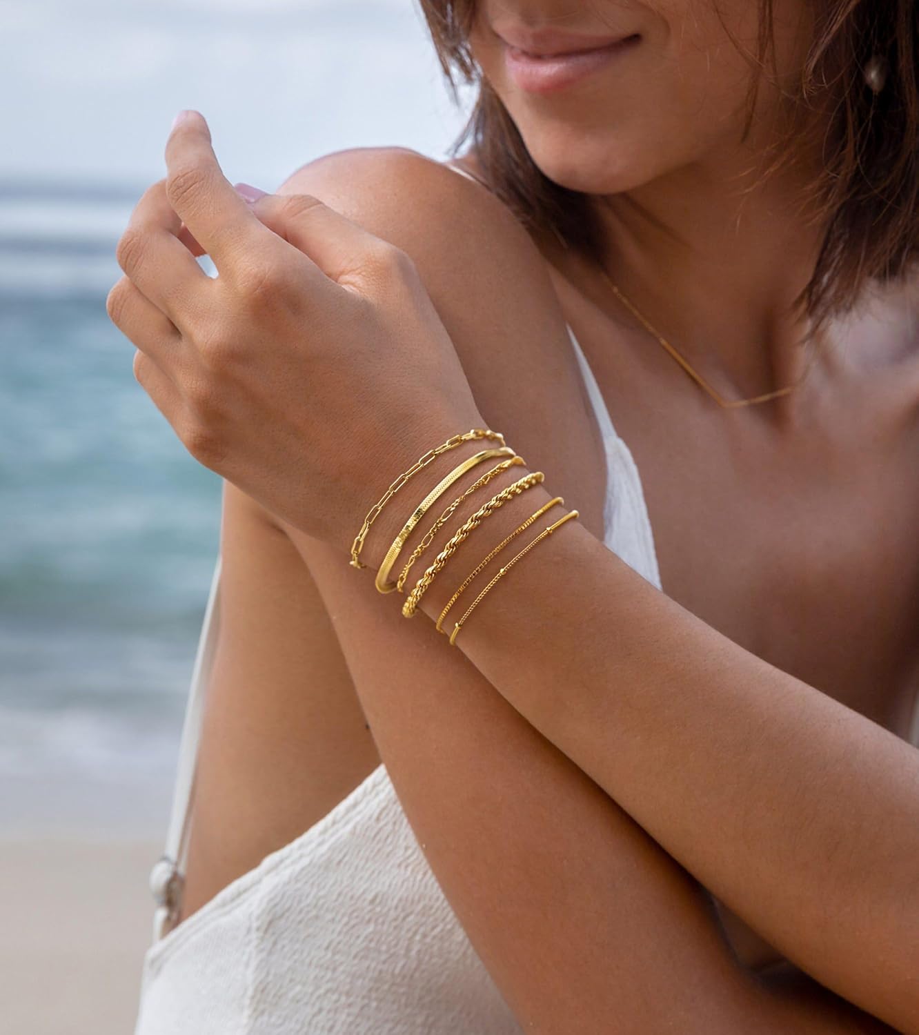 Mothers Day Gifts for Mom Gold Bracelets for Women Waterproof, 14K Gold Plated Jewelry Sets Trendy Thin Dainty Stackable Cuban Link Paperclip Chain Bracelet Pack Fashion Accessories Gifts for Womens - Image 8