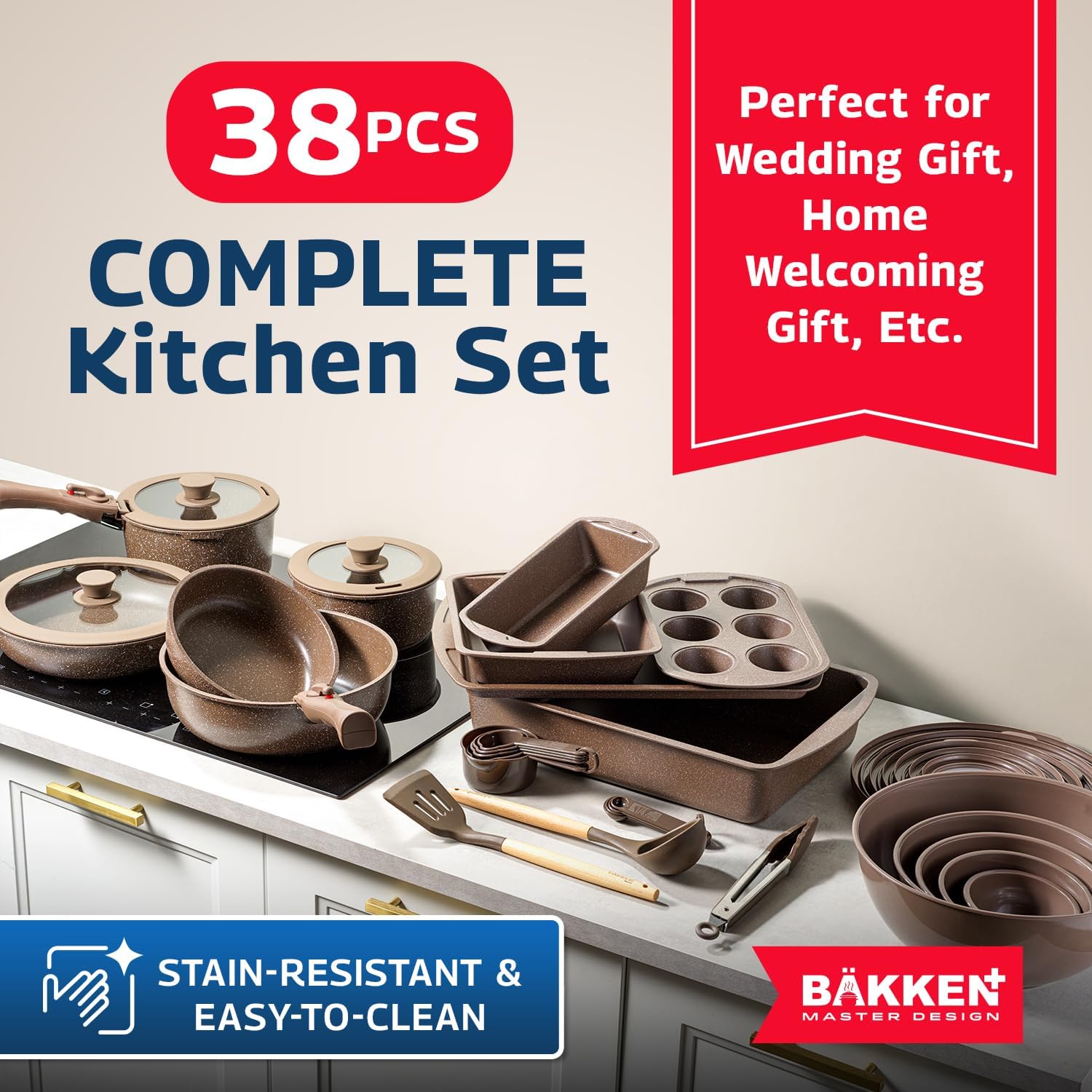 Bakken Master 38 Piece Granite Cookware and Bakeware Set – Nonstick Granite Coating, Pots and Pans with Detachable Handles and Tempered Glass Lids, 6-piece Bakeware set, 12-piece Mixing Bowls,Brown - Image 5
