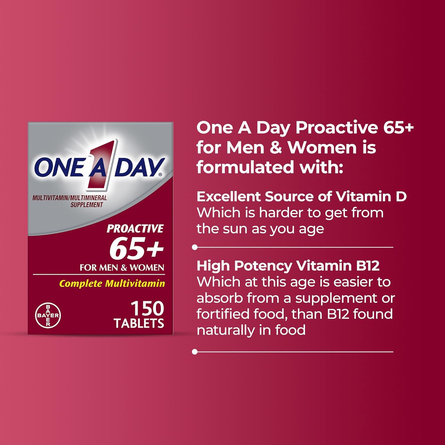 One A Day Proactive 65+, Mens & Womens Multivitamin, Supplement with Vitamin A, C, D, and Zinc to Support Bone Health & Cell Health, Calcium, Folic Acid, Tablet 150 Count - Image 2