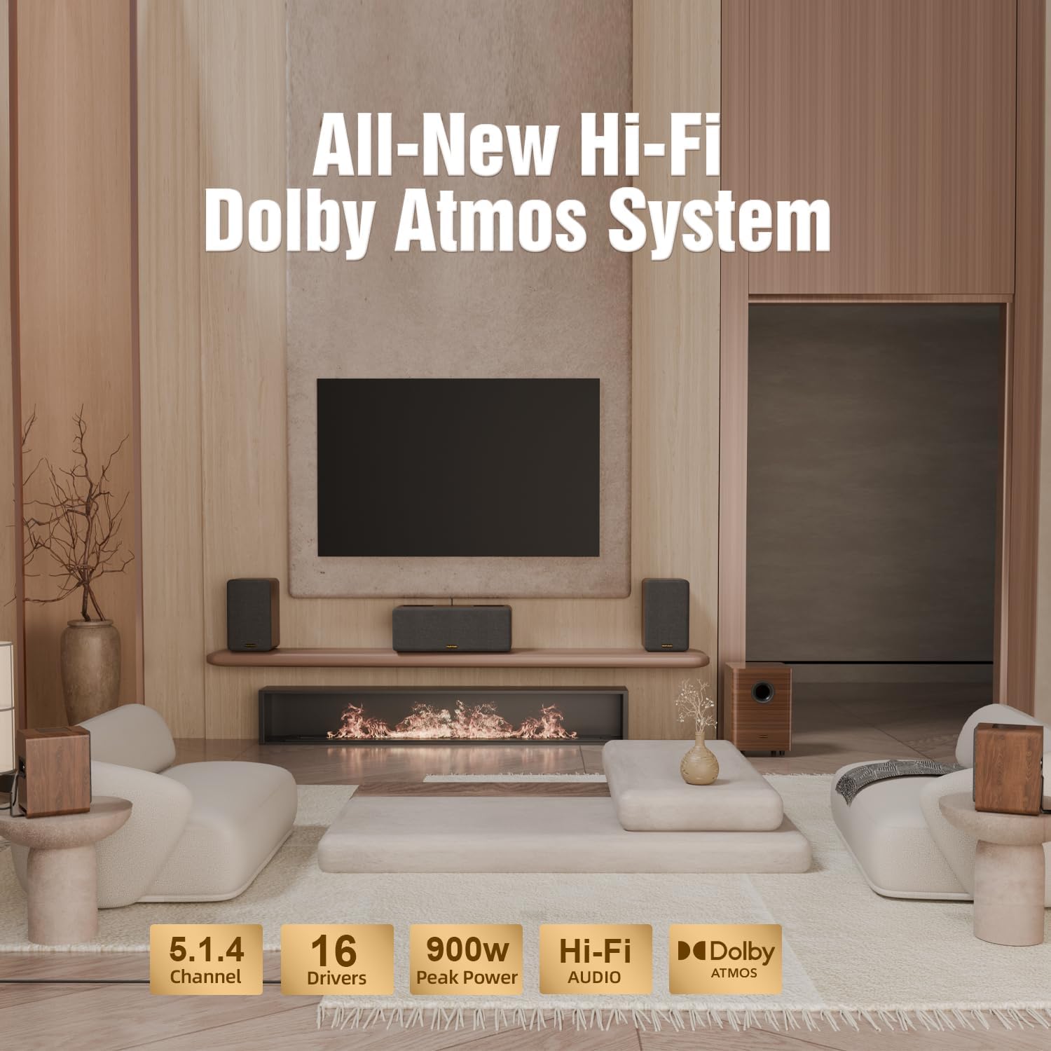 True 5.1.4 Hi-Fi Surround Sound System with Dolby Atmos, 900W Home Theater Sound Bar for Smart TV, Center Channel Speaker with 4 Surrounds, 25Hz Subwoofer, Hi-Fi Grade Crossover, Soundbar eARC, BT 5.4 - Image 2