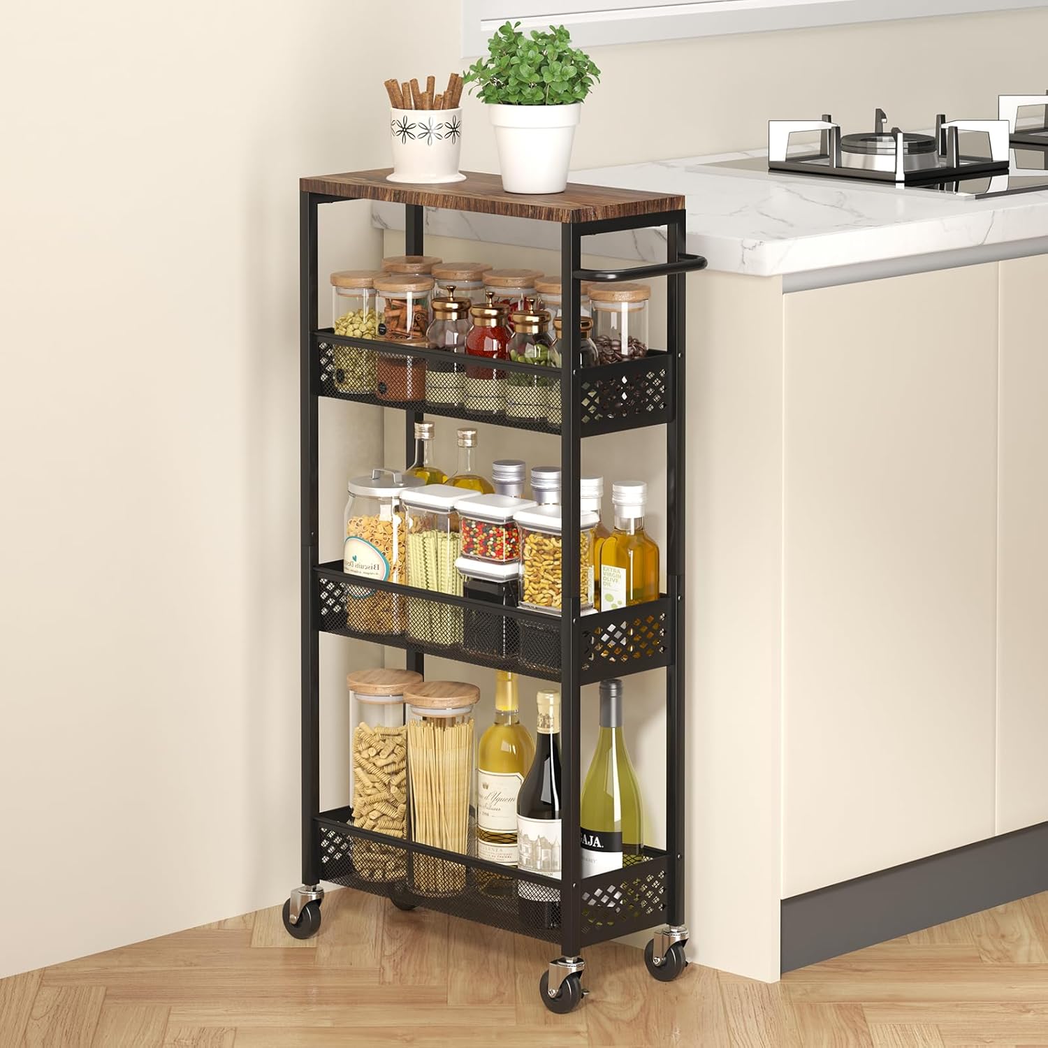XYZLVSI Slim Storage Cart 4 Tier Narrow Kitchen Rolling Cart on Wheels for Small Space, Mobile Utility Cart Shelving Unit with Wooden Top and Metal Handle for Kitchen, Bathroom, Laundry Room - Image 8