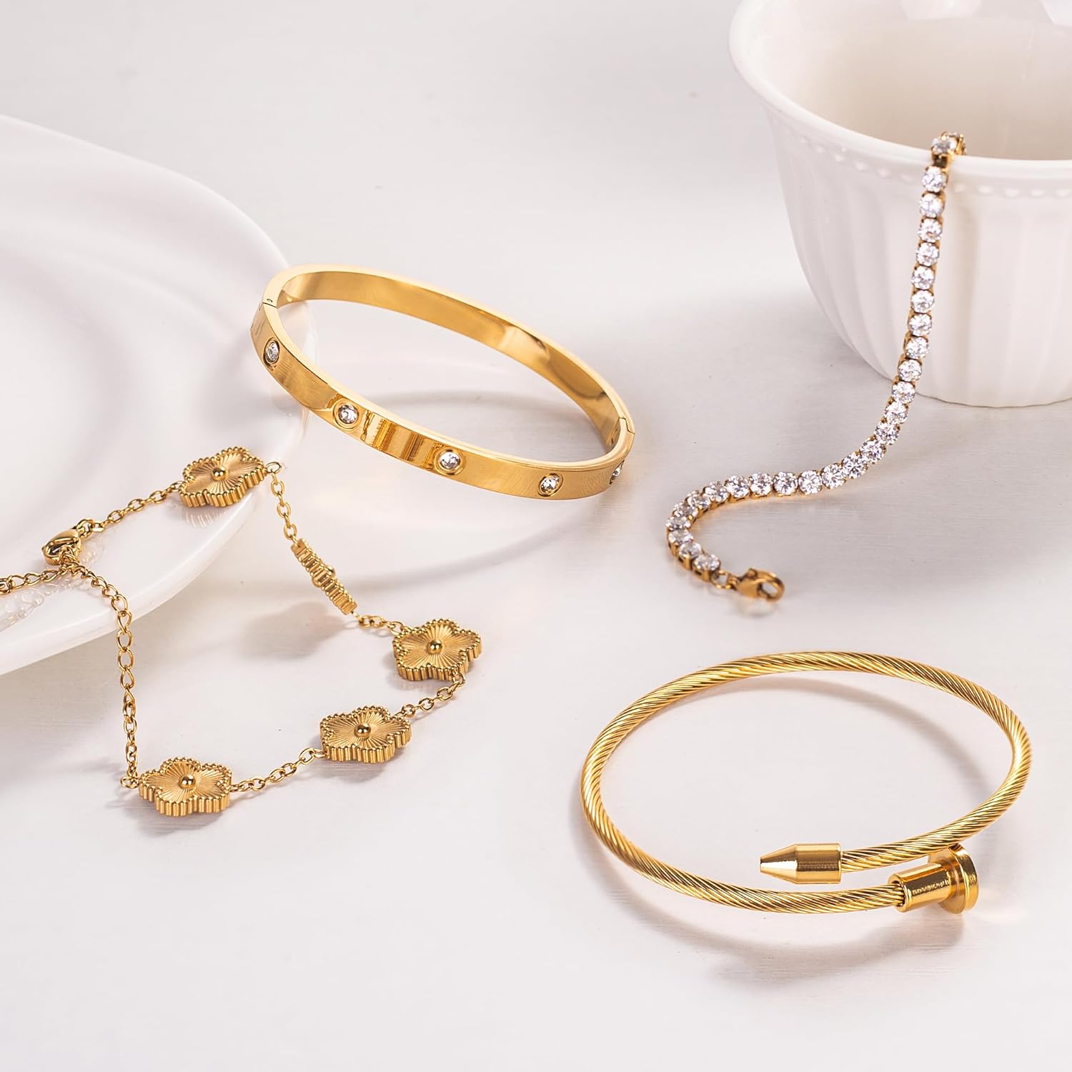18K Gold Plated Bangle Bracelet Set for Women Stackable Lucky Floral Adjustable Tennis Bracelet Non Tarnish Gift Jewelry for Christmas Valentines Birthday Mother's Day - Image 5