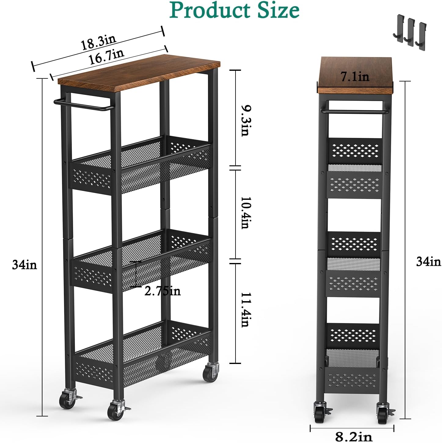 XYZLVSI Slim Storage Cart 4 Tier Narrow Kitchen Rolling Cart on Wheels for Small Space, Mobile Utility Cart Shelving Unit with Wooden Top and Metal Handle for Kitchen, Bathroom, Laundry Room - Image 6