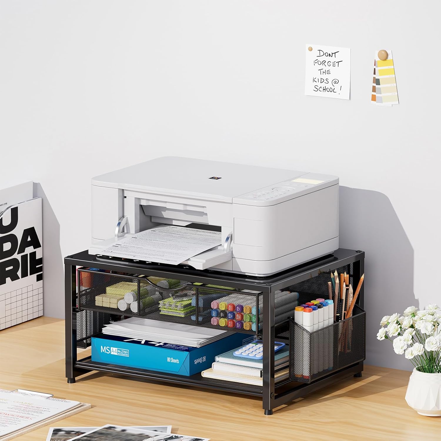 Marbrasse Metal Printer Stand for Desk with Storage Drawer and 2 Pen Holders, 2-Tier Desktop Organizer Printer Table for Home Office, Multi-Purpose Desk Organizer for Fax Machine Scanner Files(Black) - Image 2