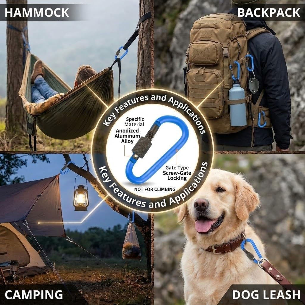 10 Pack Aluminum D Ring Key Rings Hiking Clips Locking Carabiner for Hiking Camping Fishing and Outdoor Use,Clips with Screw Gate Multicolored - Image 5