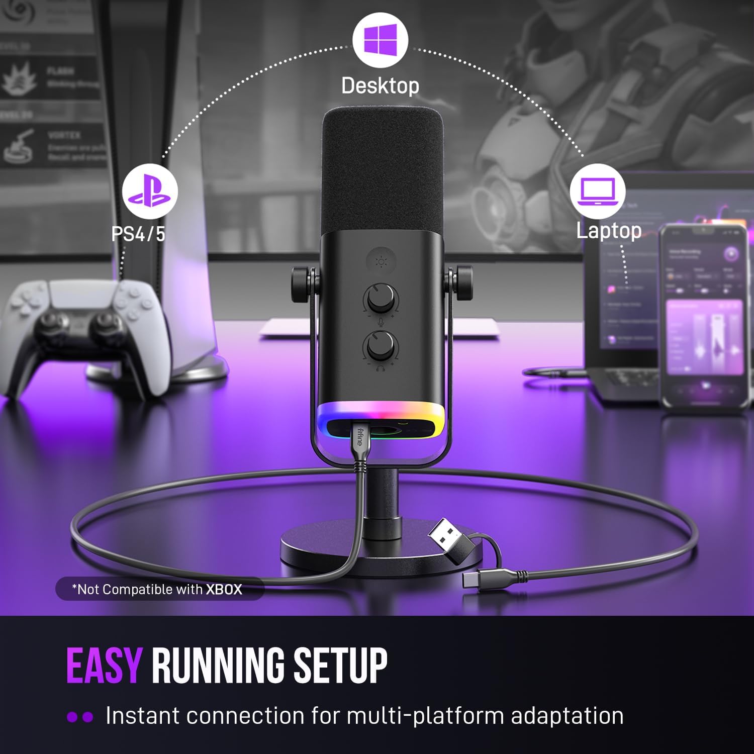FIFINE USB/XLR Dynamic Microphone for Podcast Recording, PC Computer Gaming Streaming Mic with RGB Light, Mute Button, Headphones Jack, Desktop Stand, Vocal Mic for Singing YouTube-AmpliGame AM8 - Image 7