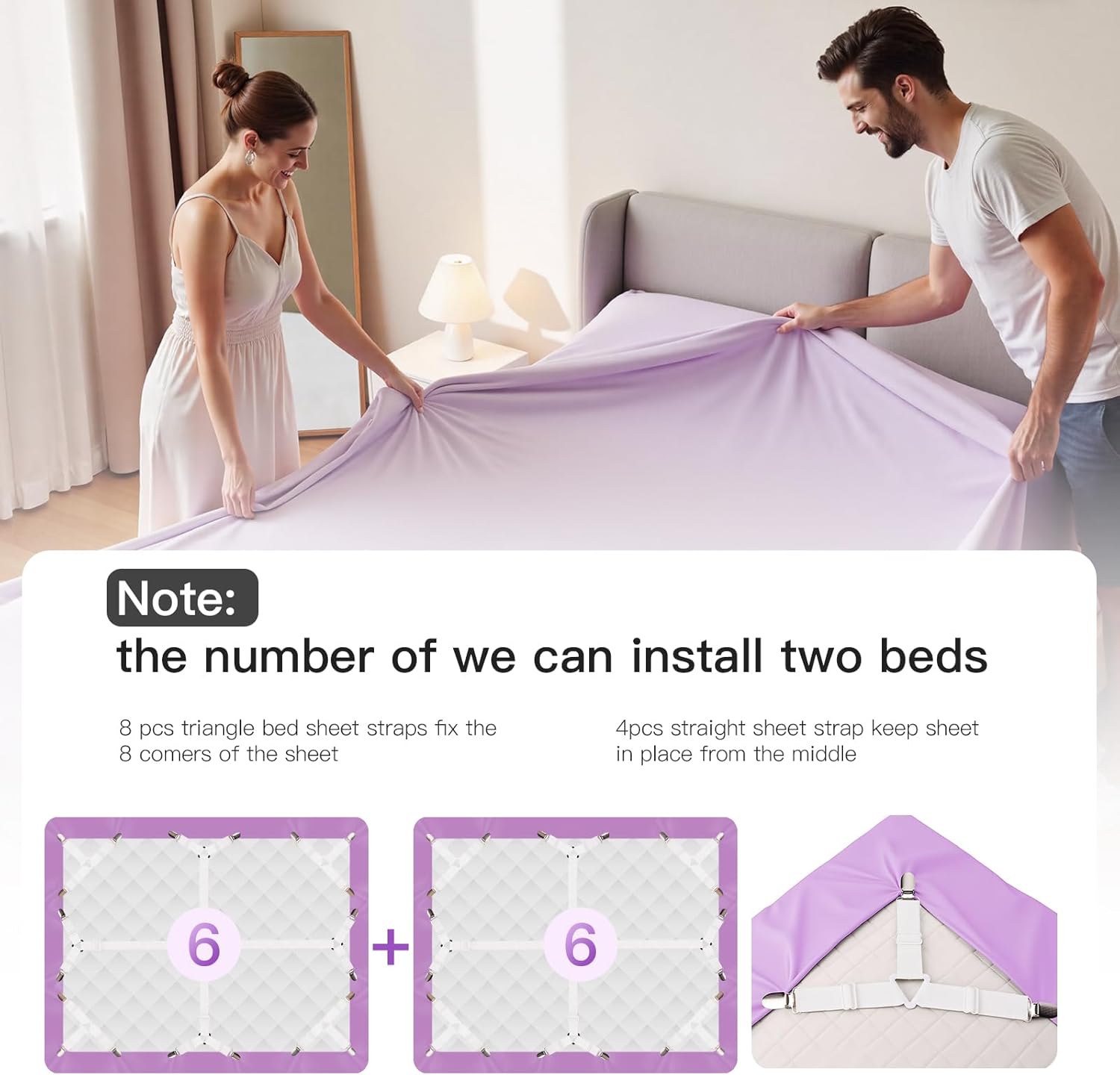 EasYoung 12PCS Bed Sheet Straps, Secure & Adjustable Fitted Sheet Holders for Full, Queen, King & More, Heavy Duty Nylon & Metal Clips - Image 6