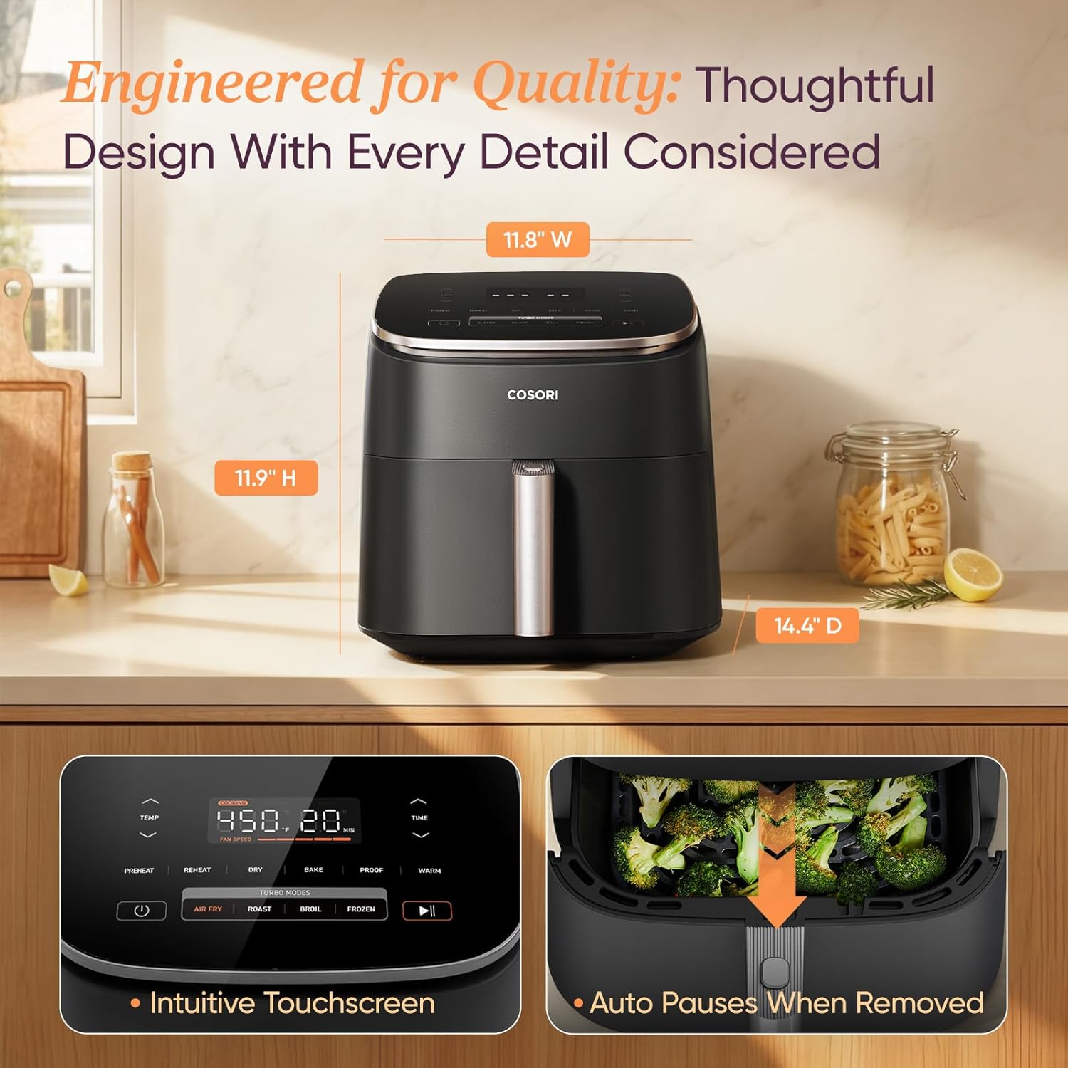 Cosori 9-in-1 TurboBlaze Air Fryer 6 Qt, PFAS-Free Ceramic Coating, 90°–450°F, Precise Heating for Even Results, Air Fry, Roast, Bake, Broil, Dry, Frozen, Proof, Reheat, Keep Warm, 120V, Dark Gray - Image 7