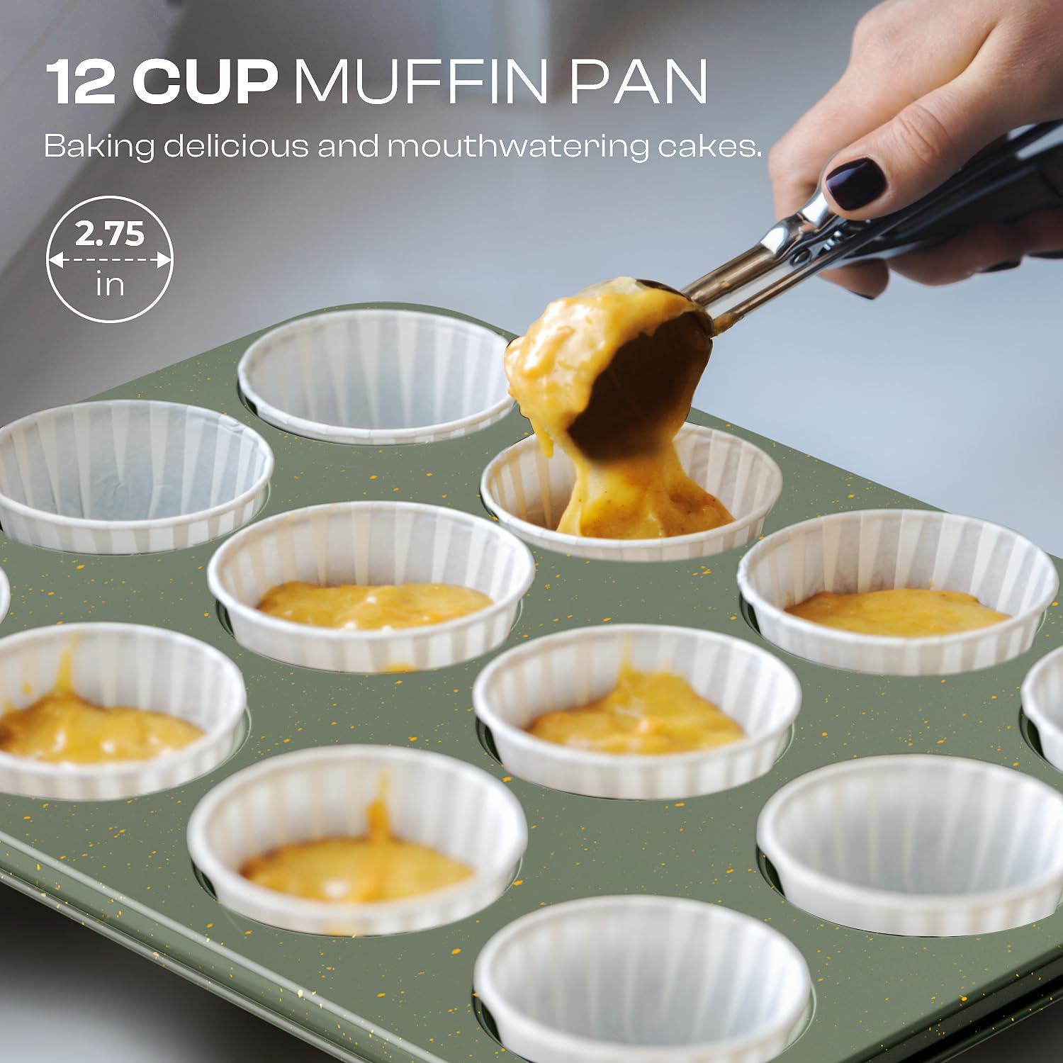 12-Piece Nonstick Baking Set, Non-Toxic Bakeware Sets with Baking Sheet, Cake Pan, Square Pan, Loaf Pan, Roasting Pan, Muffin Pan, Cookie Sheet, Cooling Rack & Kitchen Utensilss - Ceramic Coated Green - Image 5
