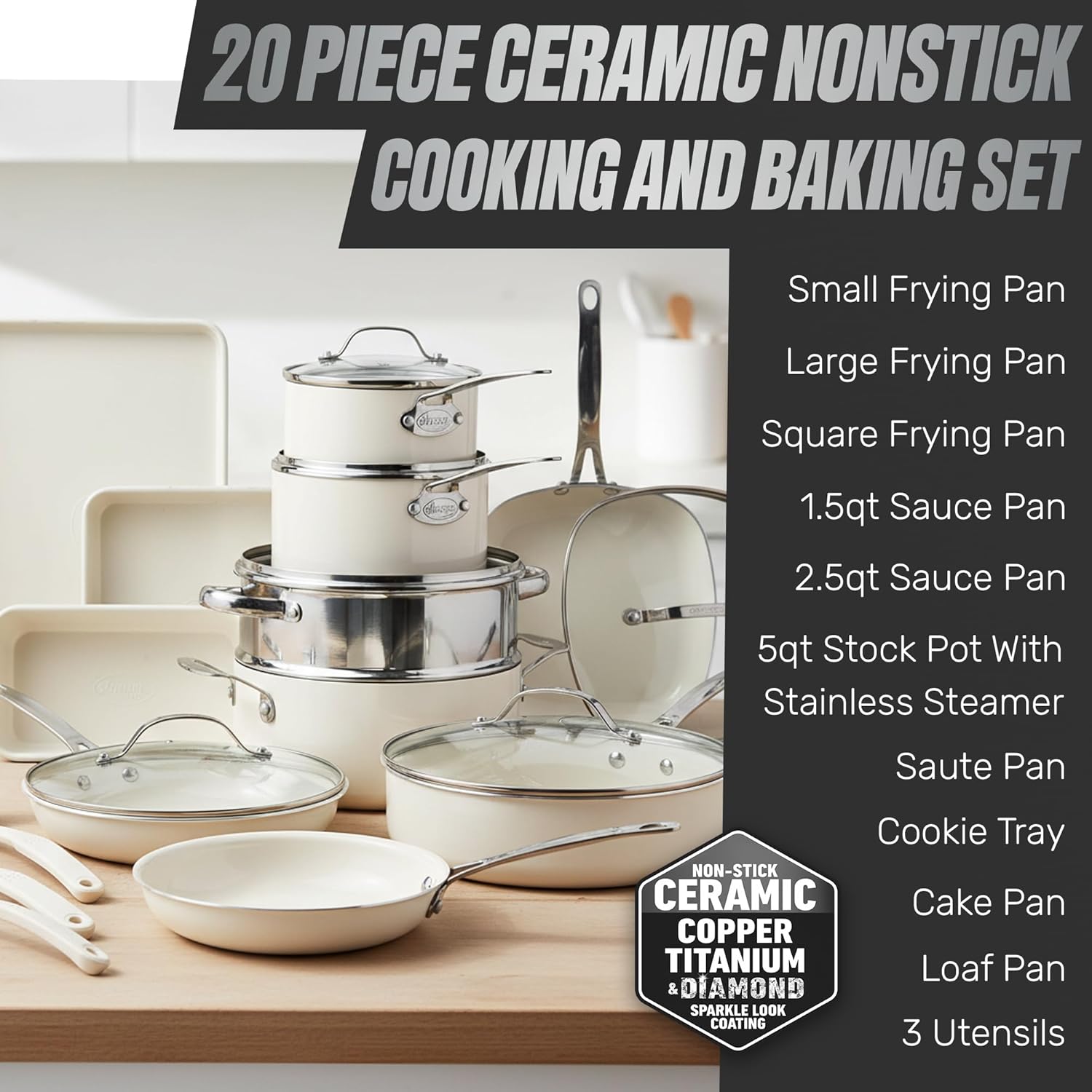 GOTHAM STEEL 20 Pc Ceramic Cookware Set Nonstick, Ceramic Pots and Pans Set Non Stick for Kitchen with Bakeware, Cooking Utensils & Steamer, Non Toxic PFOA PFOS Free, Oven & Dishwasher Safe - Image 2