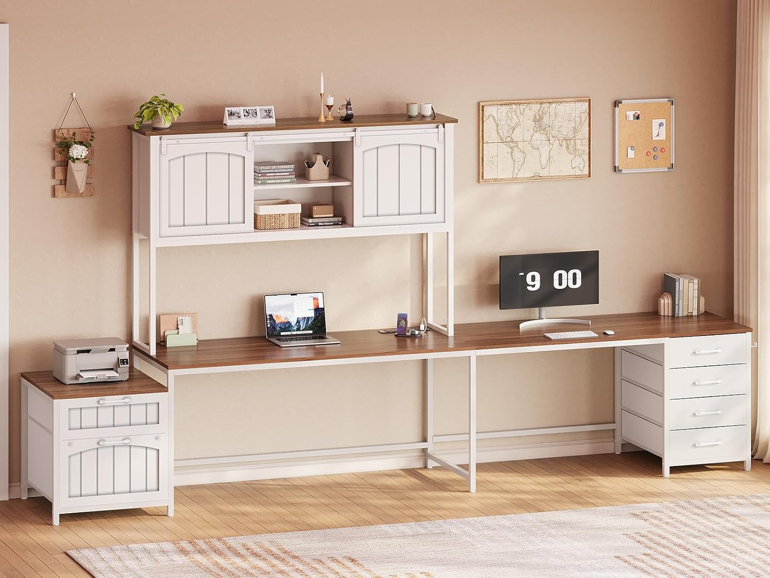 SEDETA Farmhouse L Shaped Office Desk with 6 Drawer, Reversible Computer Desk with Power Outlet, Hutch for Home Office/Two Person, Corner Desk with File Drawer & Printer Storage Shelves, White - Image 9