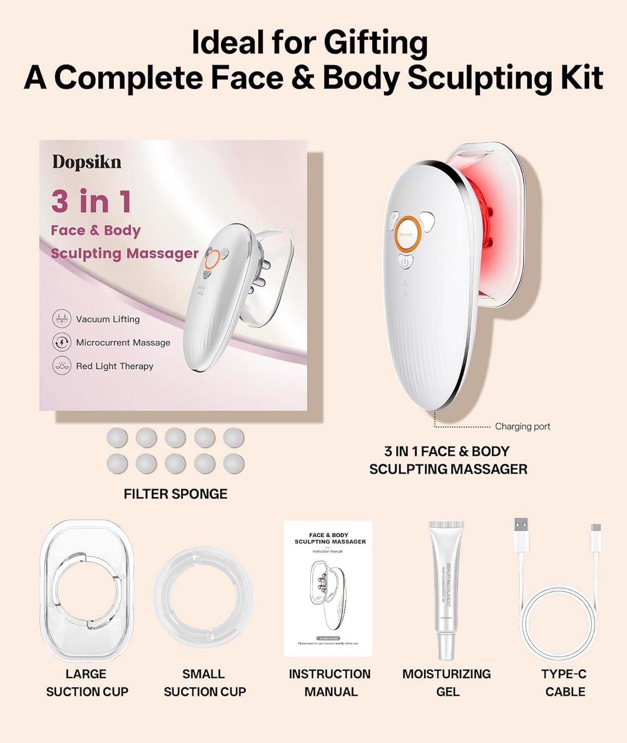 Dopsikn Body Sculpting Machine with Red Light Therapy for Face & Body, Cupping Therapy, Electric Cellulite Massage Tool with 2 Cups, Gift for Women, White - Image 8
