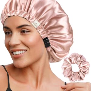 YANIBEST Adjustable Satin Bonnet Double Layer Hair Bonnet for Sleeping Bonnets for Women Hats Curly Natural Hair, Blush Pink