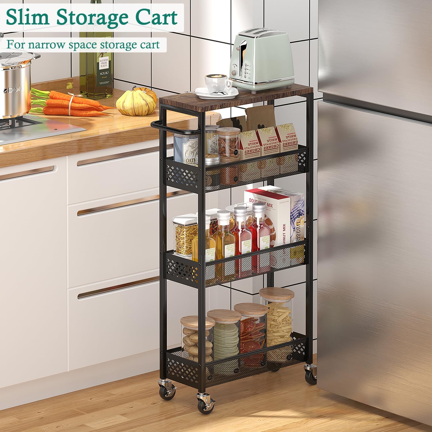 XYZLVSI Slim Storage Cart 4 Tier Narrow Kitchen Rolling Cart on Wheels for Small Space, Mobile Utility Cart Shelving Unit with Wooden Top and Metal Handle for Kitchen, Bathroom, Laundry Room - Image 2
