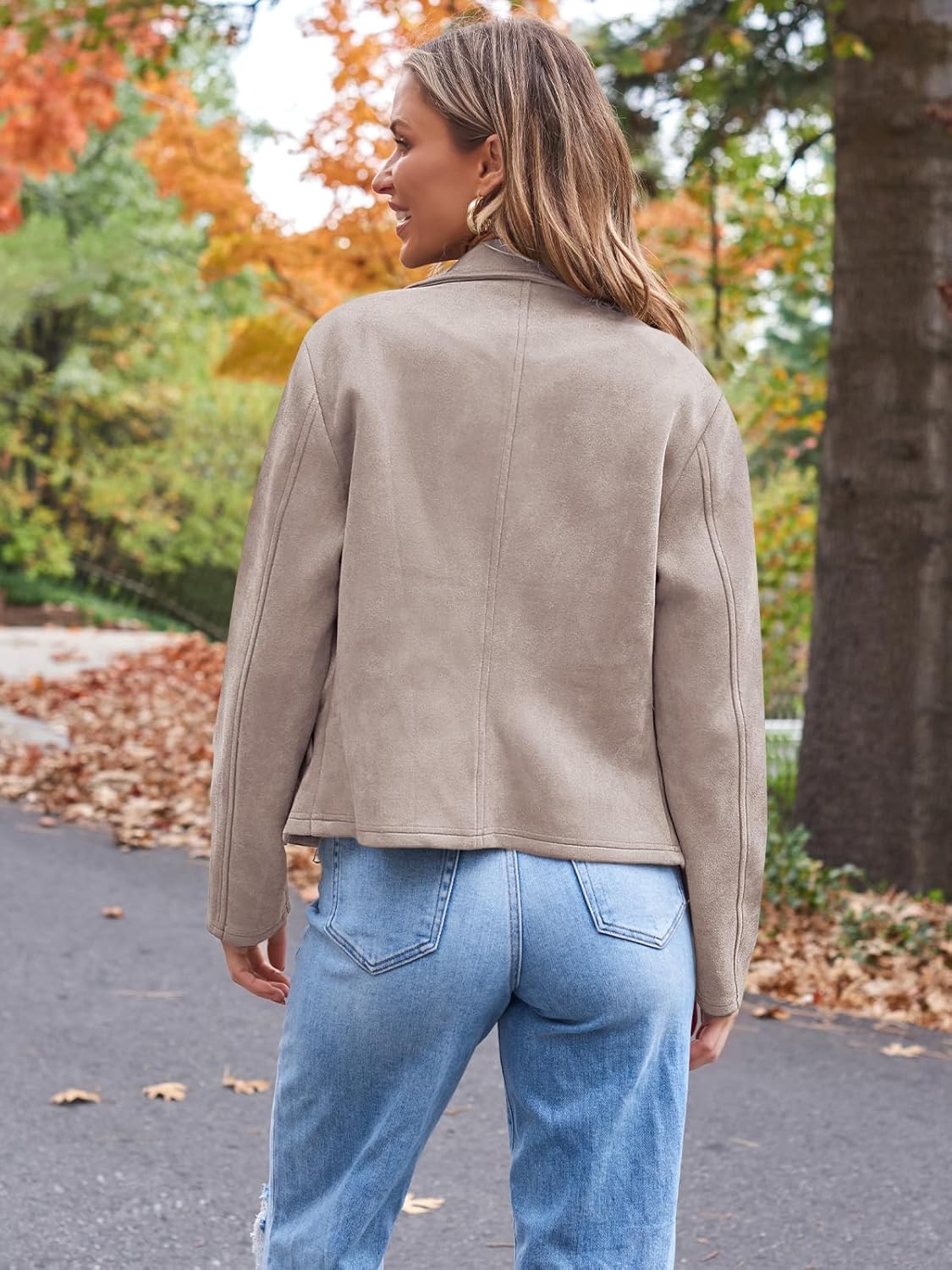 AUTOMET Women‘s Faux Suede Leather Jacket, Cropped Open Front Coat for Fall Winter Spring, Cardigan Style - Image 4