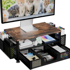 Simple Trending Desk Organizers and Accessories, Computer Monitor Stand Riser with Drawer and 2 Pen Holders, 2-Tier Computer Rack for Home Office, Wood