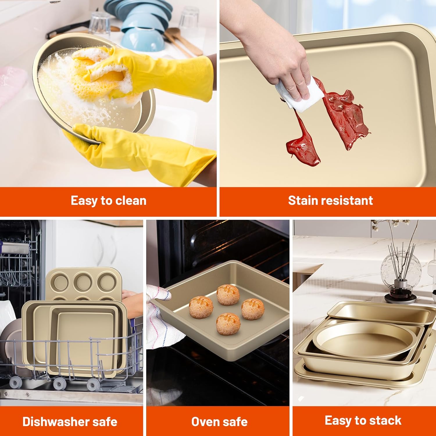 CasaCulina Baking Pans Set, 5-Piece Nonstick Bakeware Sets with Round/Square Cake Pan, Muffin Loaf Roast Pan, Baking Sheets for Oven, Kitchen Cookware Sets Baking Tray Baking Supplies, Gold - Image 5