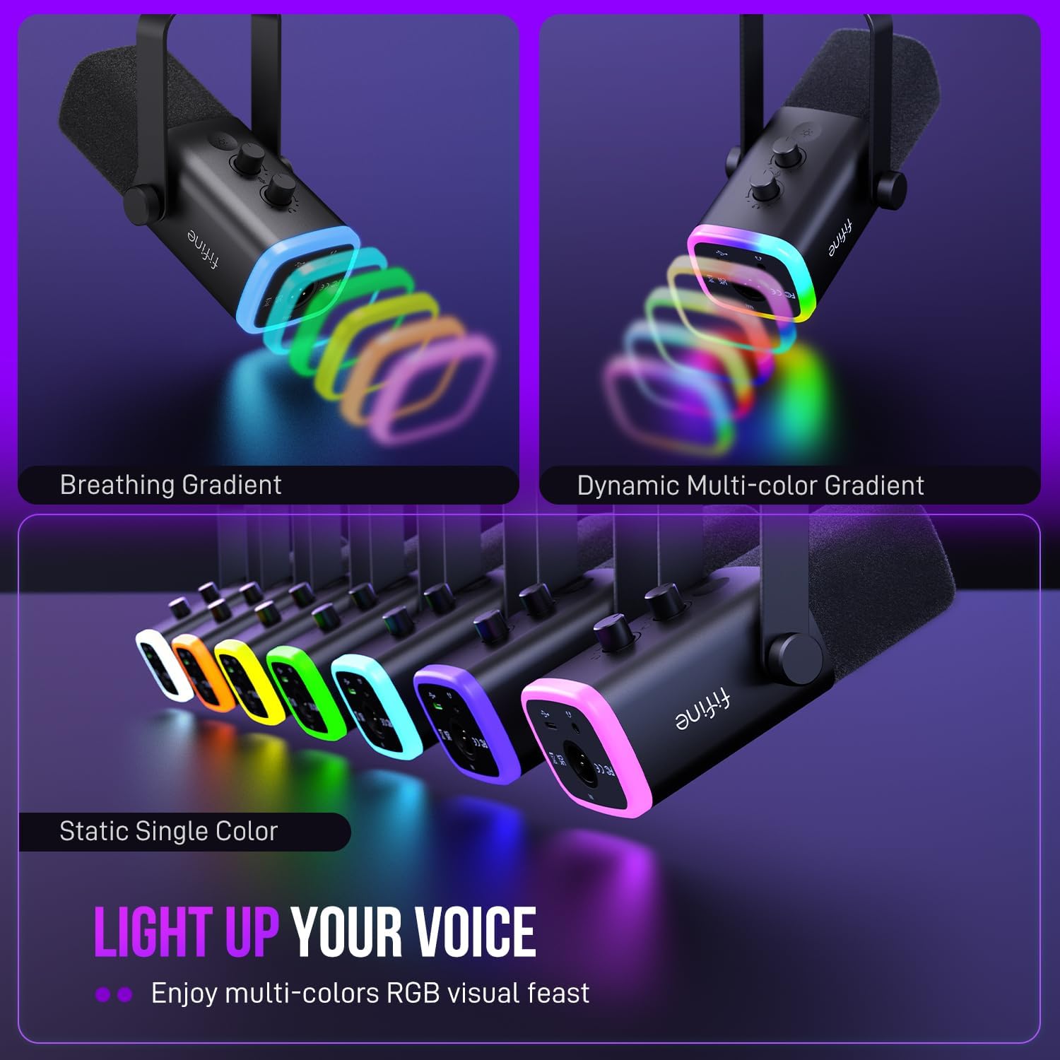 FIFINE USB/XLR Dynamic Microphone for Podcast Recording, PC Computer Gaming Streaming Mic with RGB Light, Mute Button, Headphones Jack, Desktop Stand, Vocal Mic for Singing YouTube-AmpliGame AM8 - Image 5