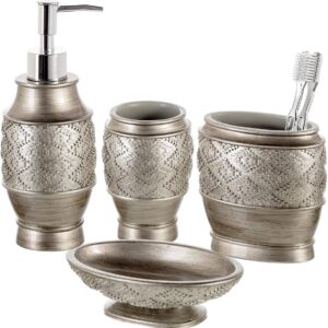 Creative Scents Dublin Silver Bathroom Accessory Set – Brushed Silver Bathroom Sets Accessories – 4 Piece Bathroom Set Includes: Soap Dispenser, Toothbrush Holder, Soap Dish and Tumbler