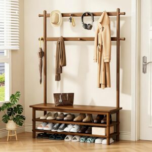 Coat Rack, 3-in-1 Hall Tree with Bench and Shoe Storage, Entryway Bench with Shoe Storage with 11 Hooks, Freestanding Coat Rack Organizer for Mudroom, Hallway, 42.9″ Long