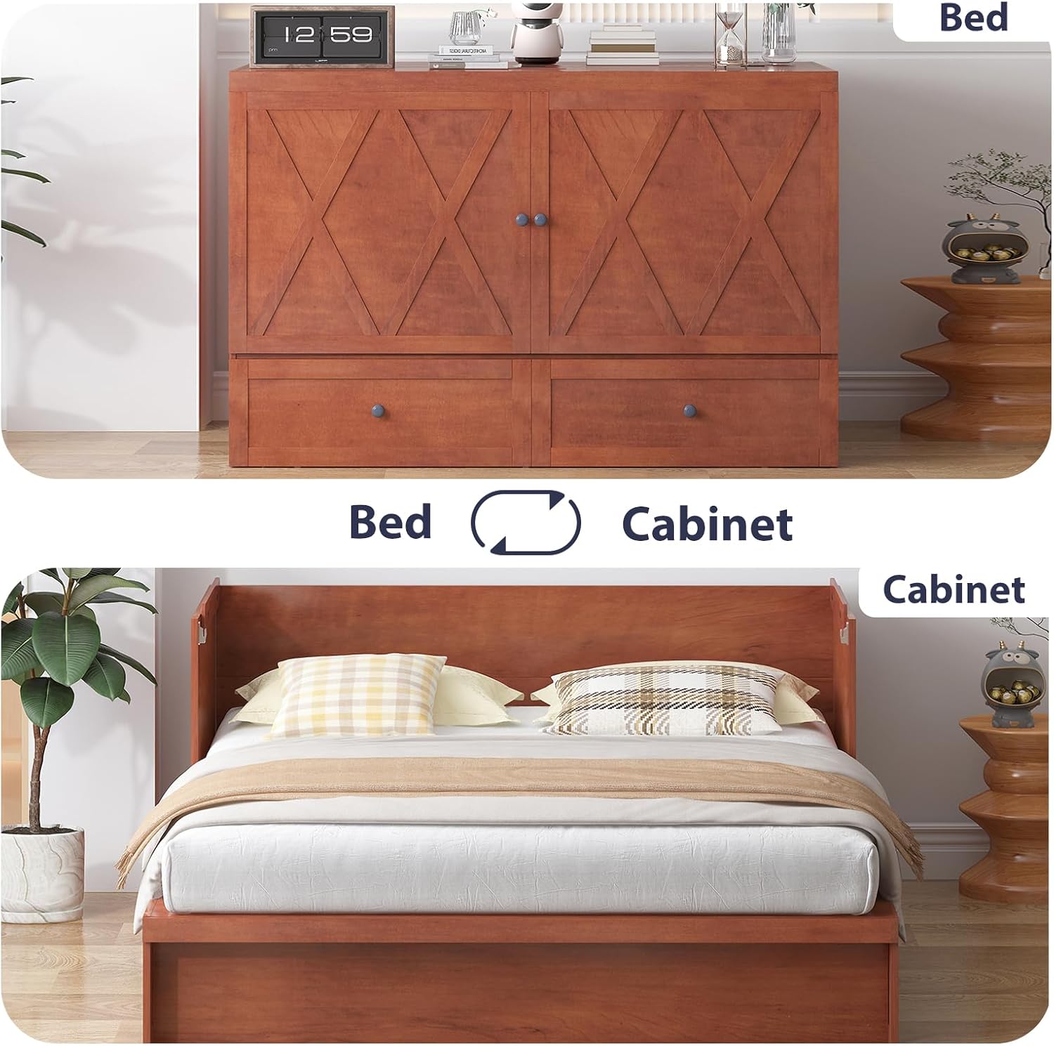 ijuicy Murphy Bed Queen with Mattress, Modern Murphy Cabinet Bed with Storage & Multifunctional Charging Station, Space-Saving Beds for Guest Bedroom, Living Room (Cherry) - Image 9