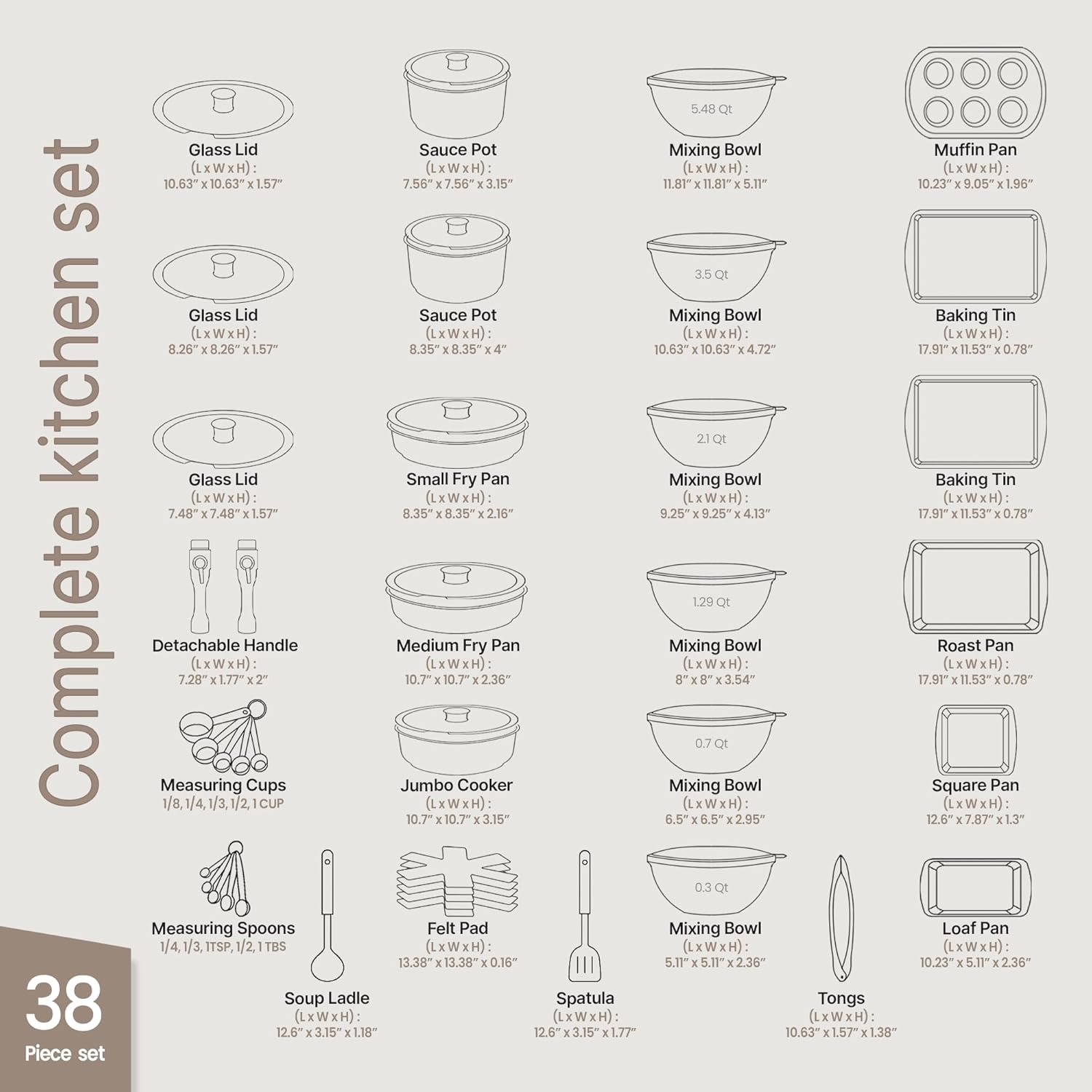 Bakken Master 38 Piece Granite Cookware and Bakeware Set – Nonstick Granite Coating, Pots and Pans with Detachable Handles and Tempered Glass Lids, 6-piece Bakeware set, 12-piece Mixing Bowls,Brown - Image 2